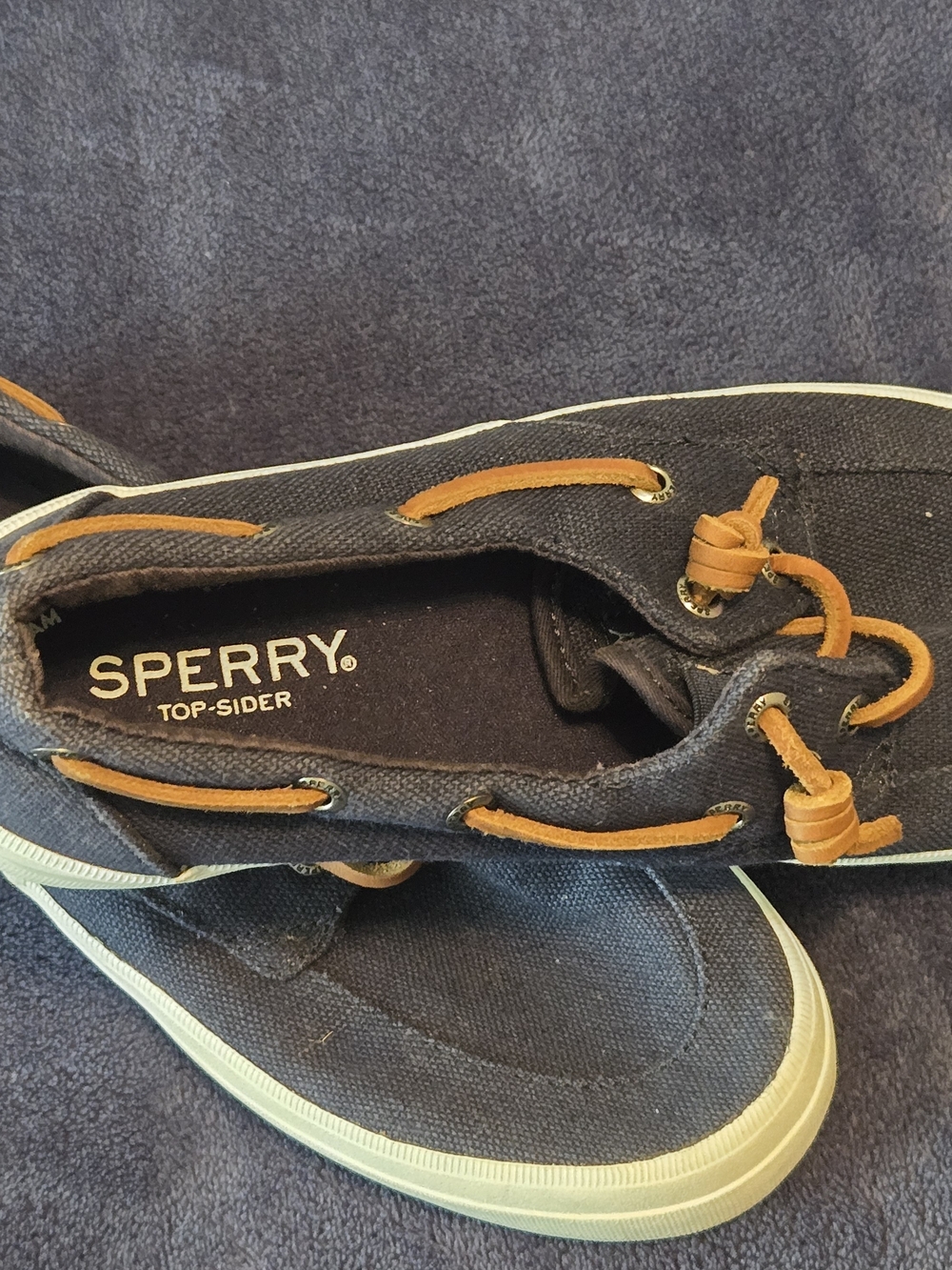 Sperry Canvas Boat Shoes in Navy with Tan Laces